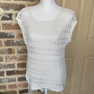 🌺3/$15 Red Camel Ecru Texture Chunky Open Weave Crochet Top Boho Cap Sleeve Sz M